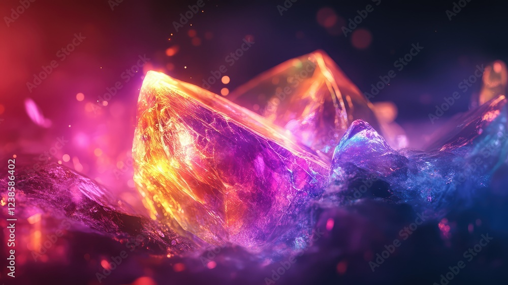 Poster vibrant colorful crystals glowing in a mystical background with multicolored light effects creating 