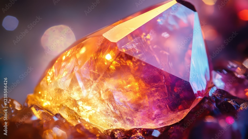 Aufkleber close-up view of a vibrant orange gemstone with intricate internal patterns against a shimmering bac