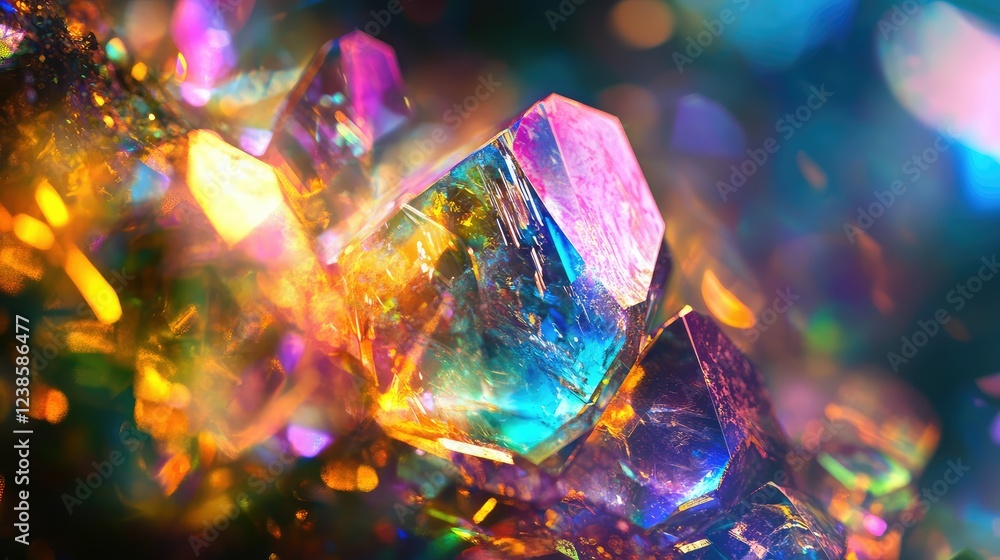 Poster vibrant and colorful close-up of multicolored crystals with sparkling reflections in a magical and e