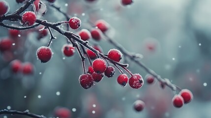 Icy red berries on a branch with a dusting of snow on a winter day