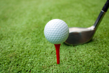 Close-Up of Golf Ball Teed Up on Green Grass Ready for Swing