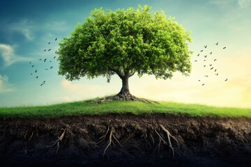 Obraz premium Large tree with roots showing and birds flying on grassy hill at sunset