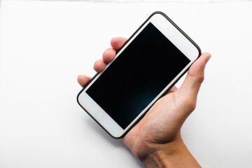 concept, cell phone in hand with white background, easy modification