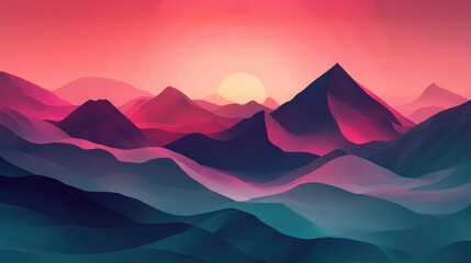 Vibrant Sunrise Over Abstract Mountain Landscape in Shades of Pink, Purple, and Blue, Capturing the Serenity and Beauty of Nature in Digital Artwork