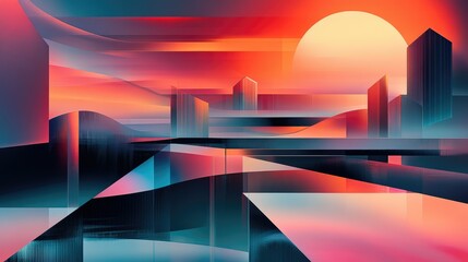 Vibrant Abstract Landscape with Geometric Shapes, Reflections and Gradient Colors Under a Sunrise or Sunset Sky, Ideal for Modern Art and Futuristic Themes