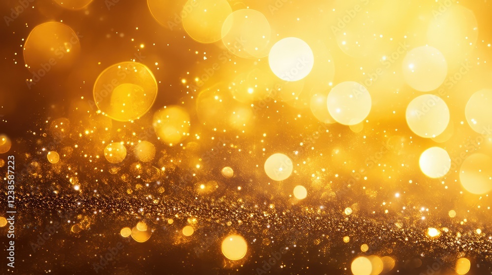 Poster glimmering gold bokeh background for celebrations and events, bright sparkles and shimmering light c