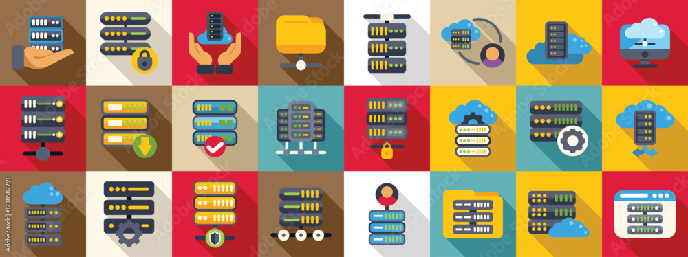 Poster dedicated server icons set. server racks providing data storage, cloud computing, and network connec