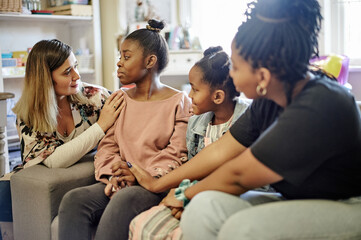 Children, therapy and mental health center for kids talking to a counselor or therapist before...