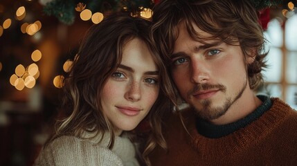 Shy but Loving Holiday Couple Sharing Intimate Moment Under Mistletoe