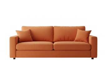 Bright orange fabric sofa with two large cushions and two side pillows, isolated on white background