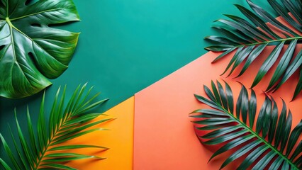 Vibrant Tropical Foliage Arranged on a Colorful Background Featuring Green, Orange, and Coral Hues