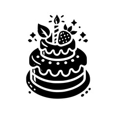 A delightful black and white illustration of a three-layered cake adorned with a single candle and a strawberry, perfect for birthday celebrations and sweet-themed designs.