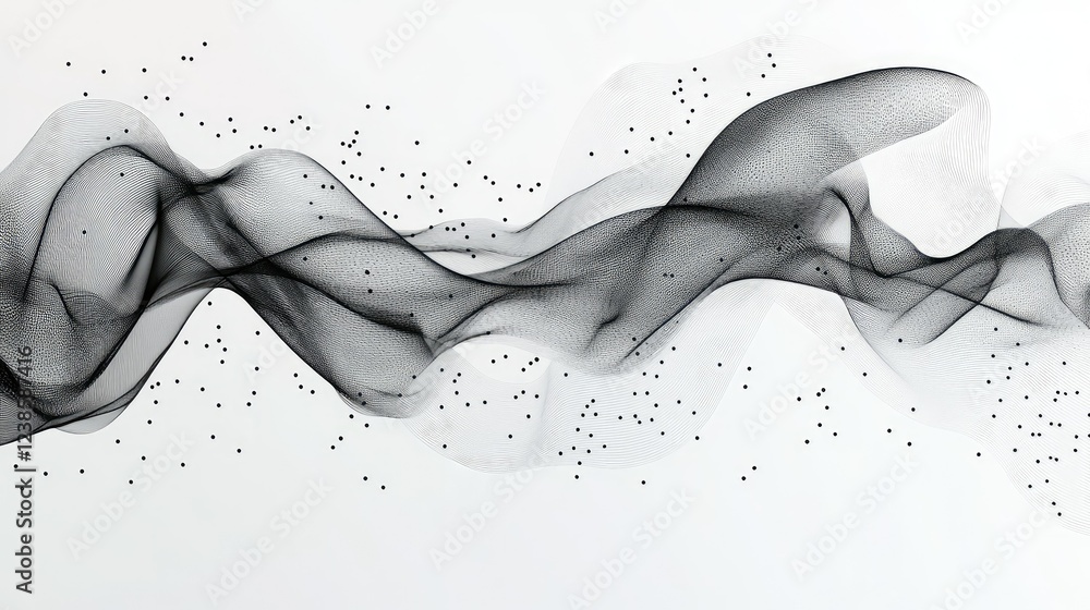 Poster elegant monochrome wave patterns with floating particles on white background, abstract design, perfe
