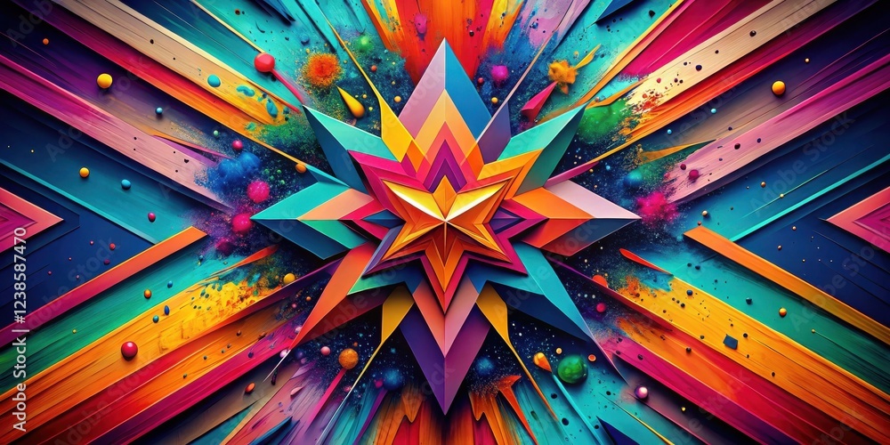 Poster vibrant abstract starburst with dynamic color splashes and geometric shapes