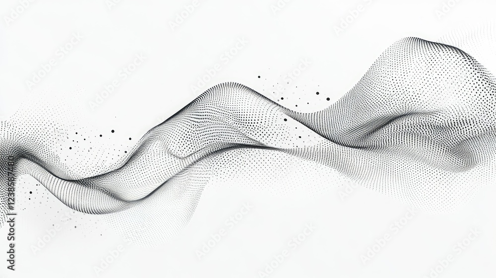 Poster abstract black and white wave pattern with lines and dots creating a dynamic visual representation o