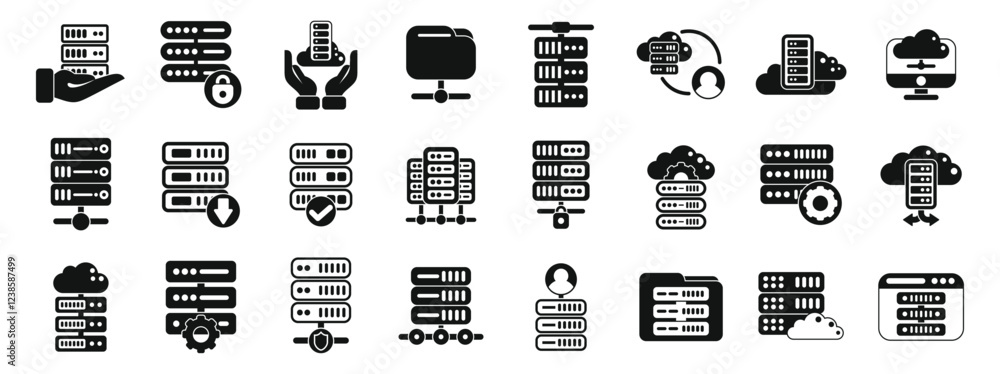 Poster dedicated server icons set. hosting and cloud storage icons depicting data centers, servers, and clo