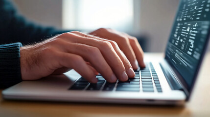 Young caucasian male typing on laptop with code on screen in modern workspace