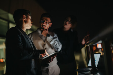 Three business people engaged in an intense discussion during a night meeting outdoors. The scene is illuminated by a laptop, fostering a serious and focused atmosphere among the group.