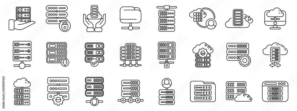 Poster dedicated server icons set. set of server rack icons depicting various aspects of data management, i