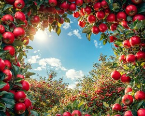 Flourishing Apple Orchard with Vibrant Red Apples Against Sunny Blue Sky