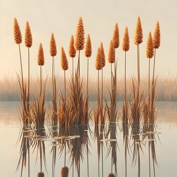 A serene scene featuring tall, golden cattails rising from calm waters, capturing a tranquil moment in nature with their reflections creating a soothing atmosphere.