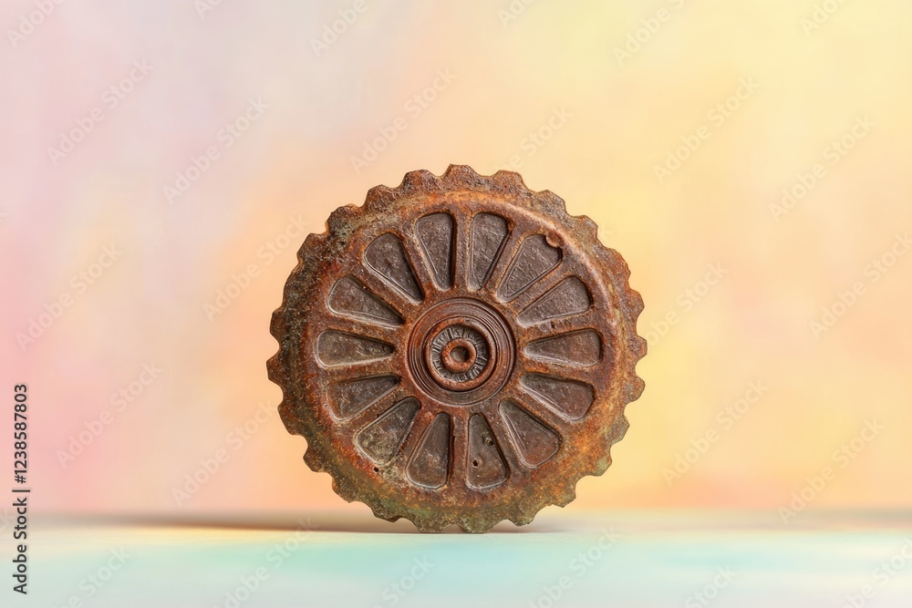 Poster rusty, circular, cog-like object with intricate design, possibly antique.