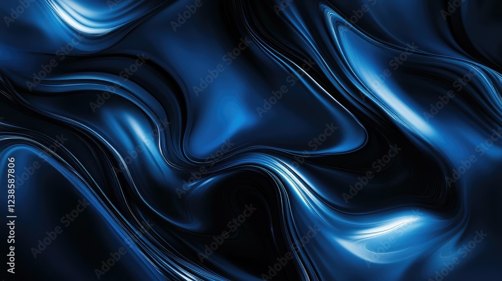 Poster abstract blue wave pattern with smooth flowing curves and glossy texture, creating a sense of depth 