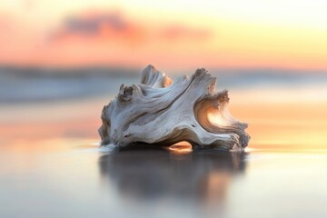 Driftwood sculpture on the beach at sunset, reflecting serenity and natural beauty.