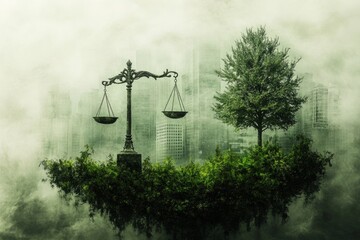 Obraz premium A Scales Of Justice Sits On A Lush, Floating Island Amidst A Foggy Cityscape.