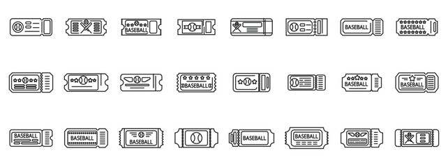 Ticket baseball icons set. Various baseball ticket icons representing entry to a game, season passes, or vip access