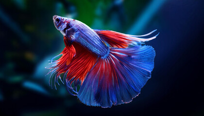Obraz premium betta fish with flowing tail swims in the underwater world