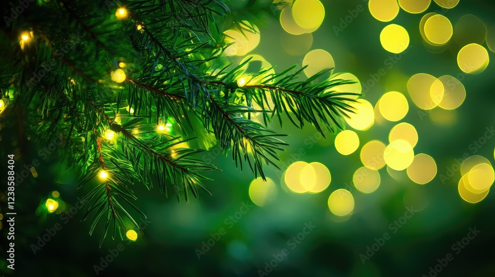 Poster close-up of evergreen pine tree branch adorned with soft warm lights against a dreamy background of 