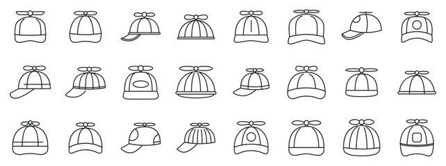 Cap propeller icons set. Collection of minimalist propeller hat icons, capturing various designs and angles, ideal for playful and whimsical projects © anatolir