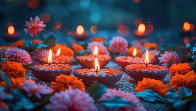 Happy Diwali Celebration Concept, Illuminated candles with flower decoration on floor in fornt of stair view in room.