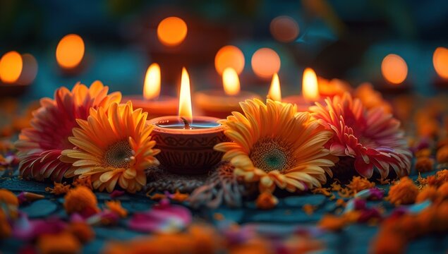 Happy Diwali Celebration Concept, Illuminated candles with flower decoration on floor in fornt of stair view in room.
