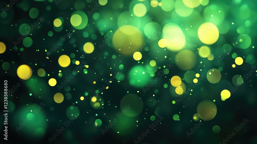Poster vivid green and yellow bokeh background with soft glowing light dots creating a dreamy atmosphere fo