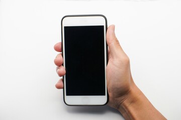 concept, cell phone in hand with white background, easy modification