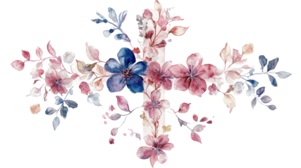 Watercolor floral cross with pink and blue flowers on transparent background