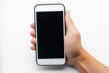 concept, cell phone in hand with white background, easy modification
