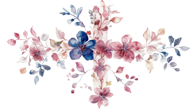 Watercolor floral cross with pink and blue flowers on transparent background