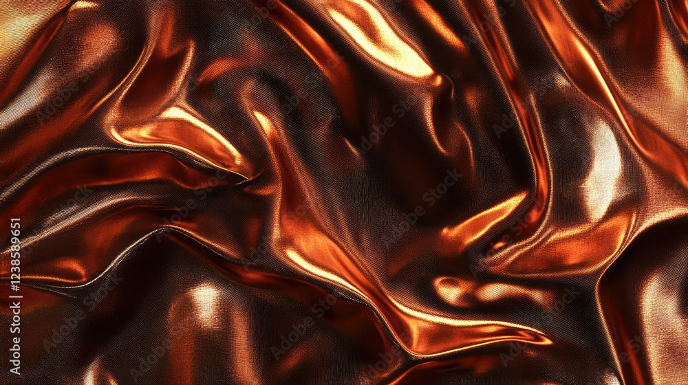 Poster textured abstract fabric background in rich copper and bronze hues, showcasing a wavy and shimmering