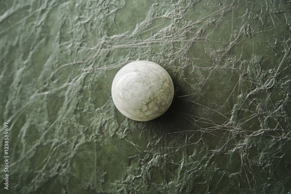 Poster a speckled white sphere rests on a textured, dark green surface with a web-like pattern.