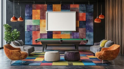 Modern Casual Game Room Interior with Colorful Wall Design and Empty Frame in a Bright Stylish Environment