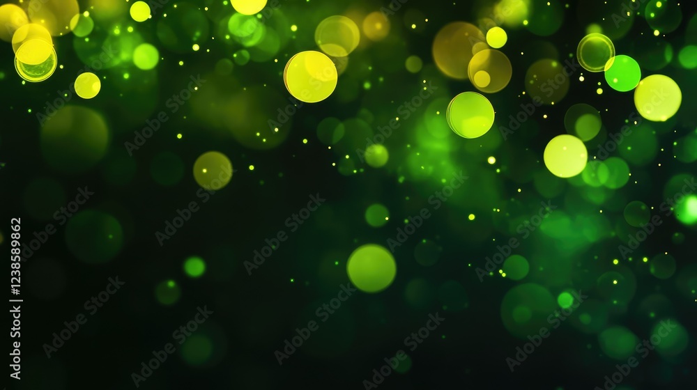 Poster vibrant and ethereal green and yellow bokeh effect with glowing circles creating a dreamy, abstract 