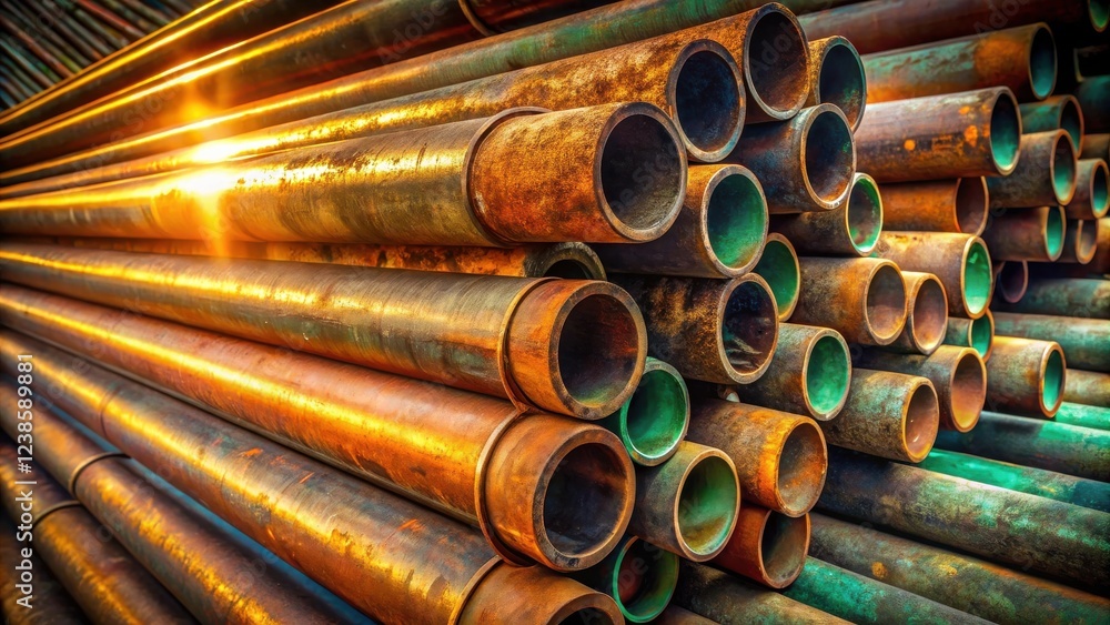 Poster a stack of aged metallic pipes, displaying a rich patina of rust and verdigris under warm sunlight