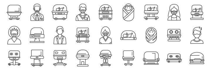 Incubator baby icons set. Set of simple neonatology icons including doctors, medical equipment and newborn babies, perfect for healthcare and medical related projects