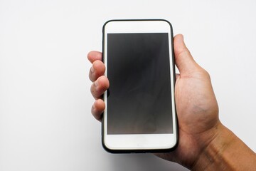 concept, cell phone in hand with white background, easy modification