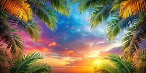 Obraz premium Colorful Tropical Frame with Palm Leaves against a Vibrant Sky, bright sky