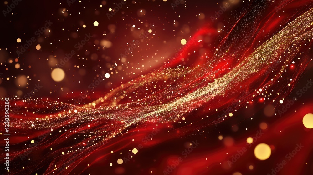 Poster captivating abstract background with flowing red waves and twinkling glitter particles creating a dr