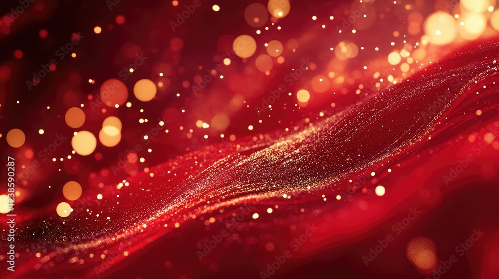 Poster abstract red background with glowing bokeh lights and sparkling glitter waves creating a dreamy and 